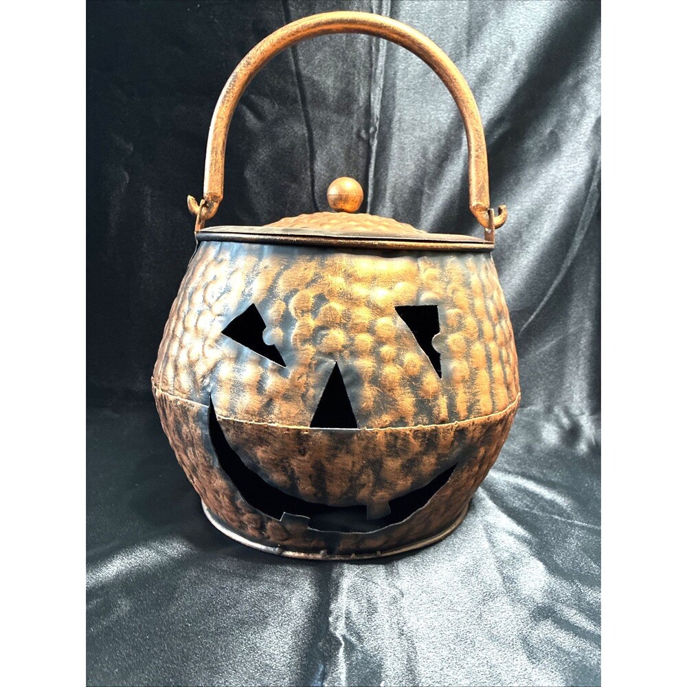 Hammered Copper JackoLantern Metal Bucket & Lid Halloween Pumpkin Candy Cauldron